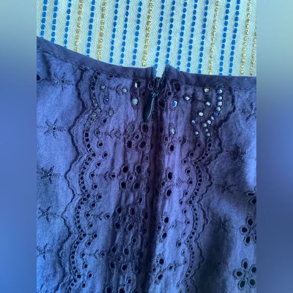 J CREW Dress Navy Blue Eyelet Embroidered Flutter Hem 100% Cotton Long Sleeve 8P - Picture 9 of 15